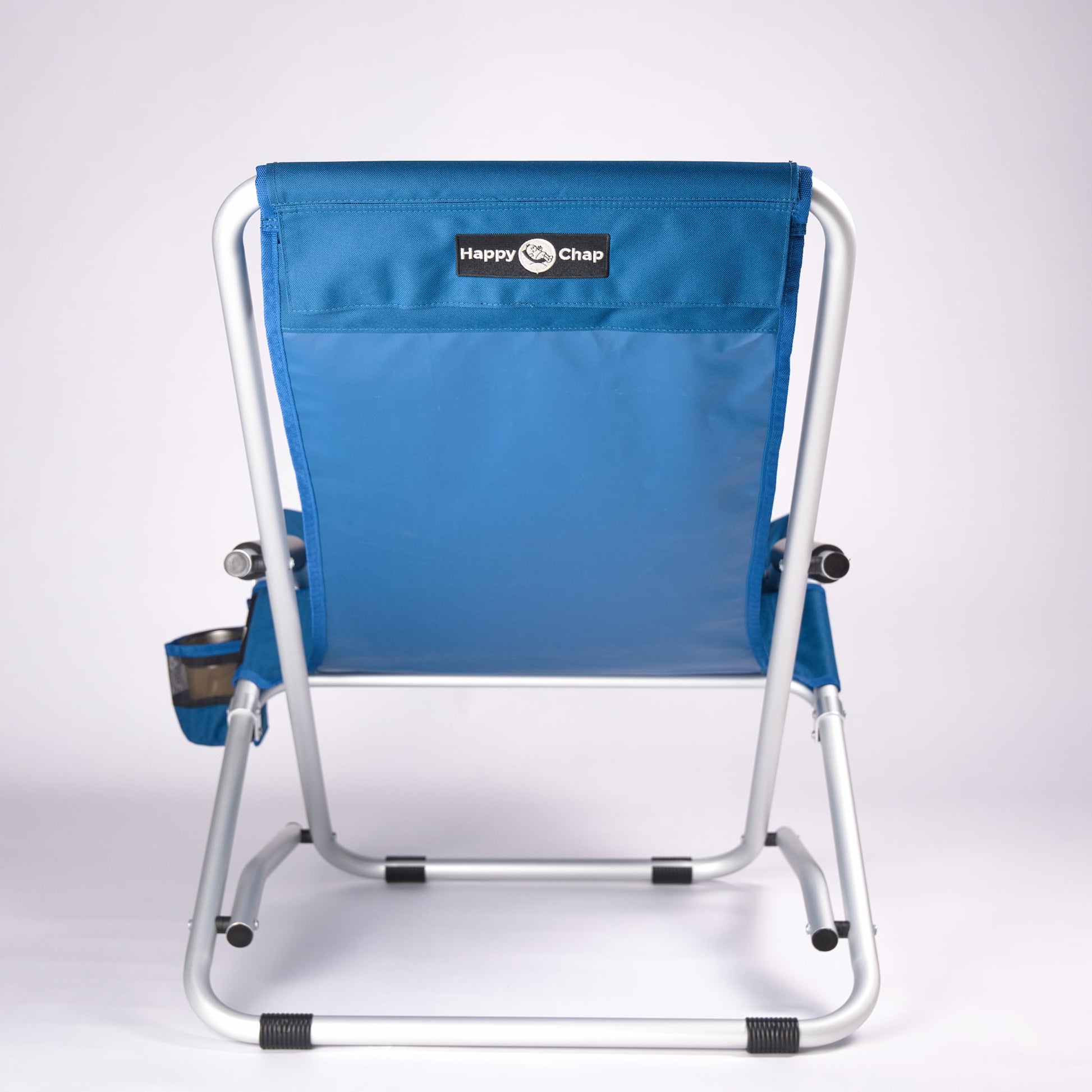 Blue folding chair with a 'Happy Chap' logo on a white background