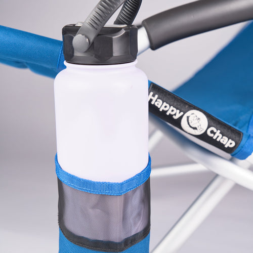 1L white pargo water bottle in a blue happy chap cup holder attached to a  Happy Chap chair