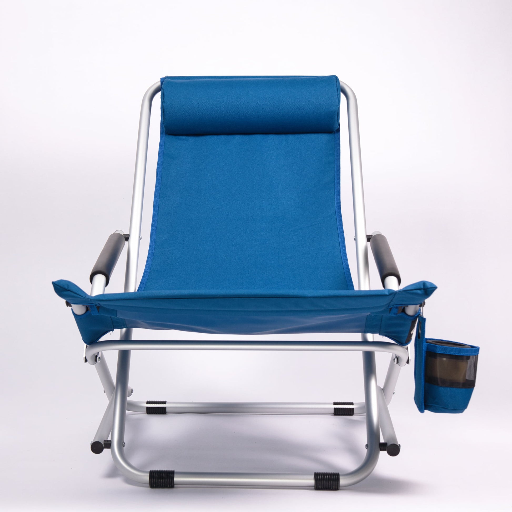 Blue folding chair with drink holder on a white background