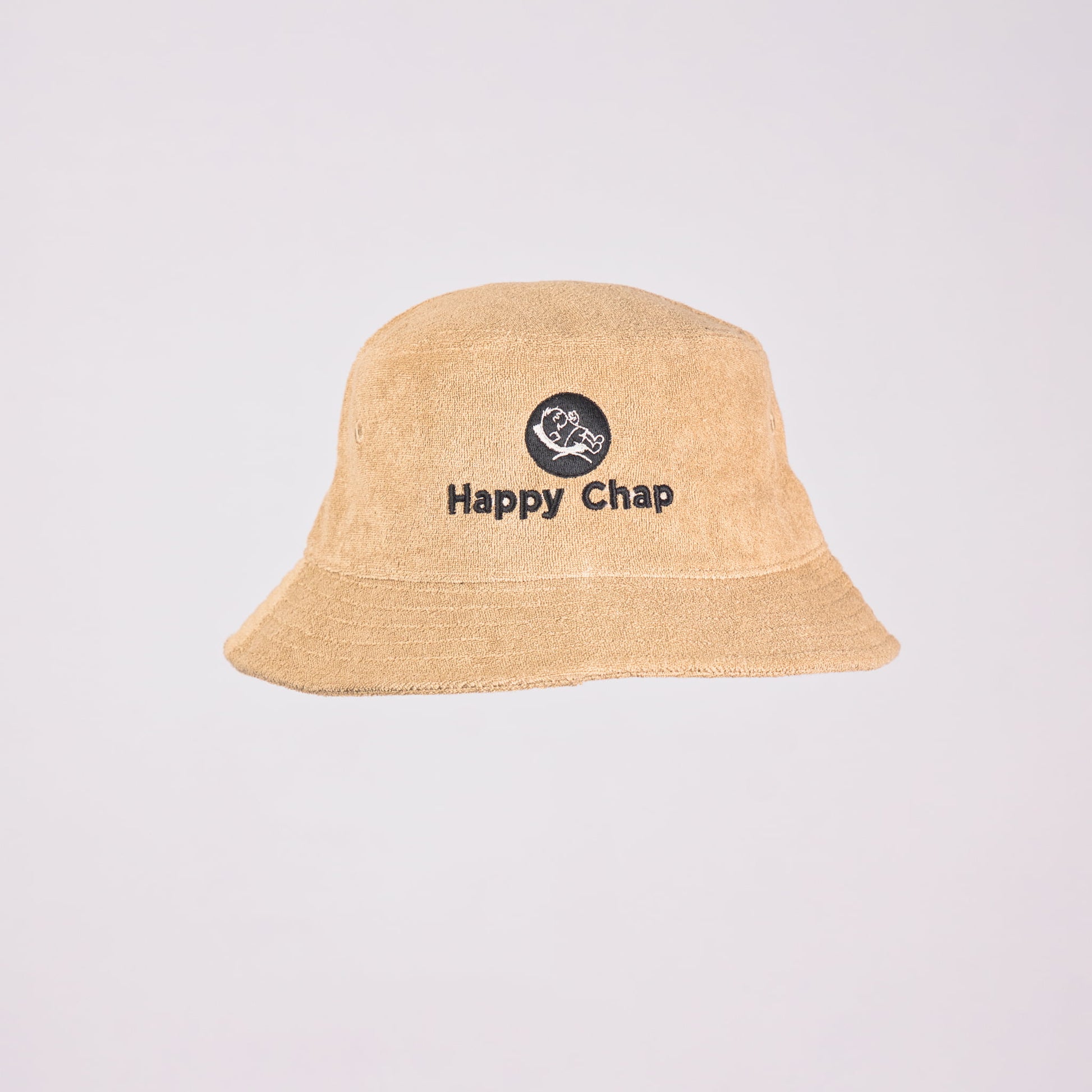 Khaki bucket hat with 'Happy Chap' text on a light background