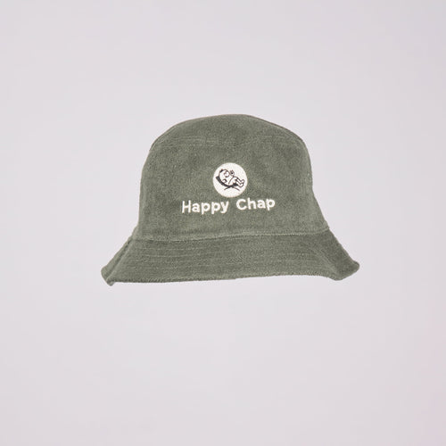 Cypress green bucket hat with 'Happy Chap' logo on a light background