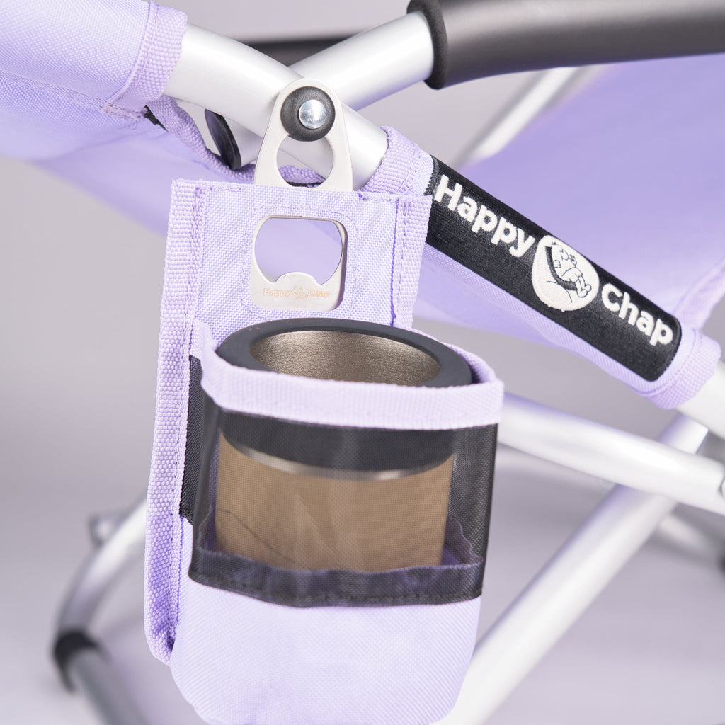 purple cup holder with a bottle opener attached to a happy chap outdoor chair, featuring the brand 'Happy Chap'.