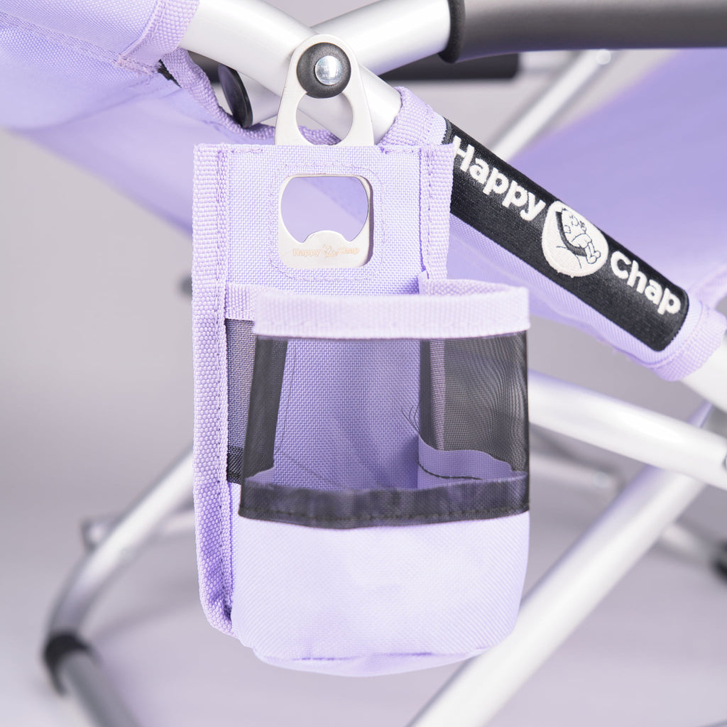 purple detachable cup holder attached to a purple happy chap chair