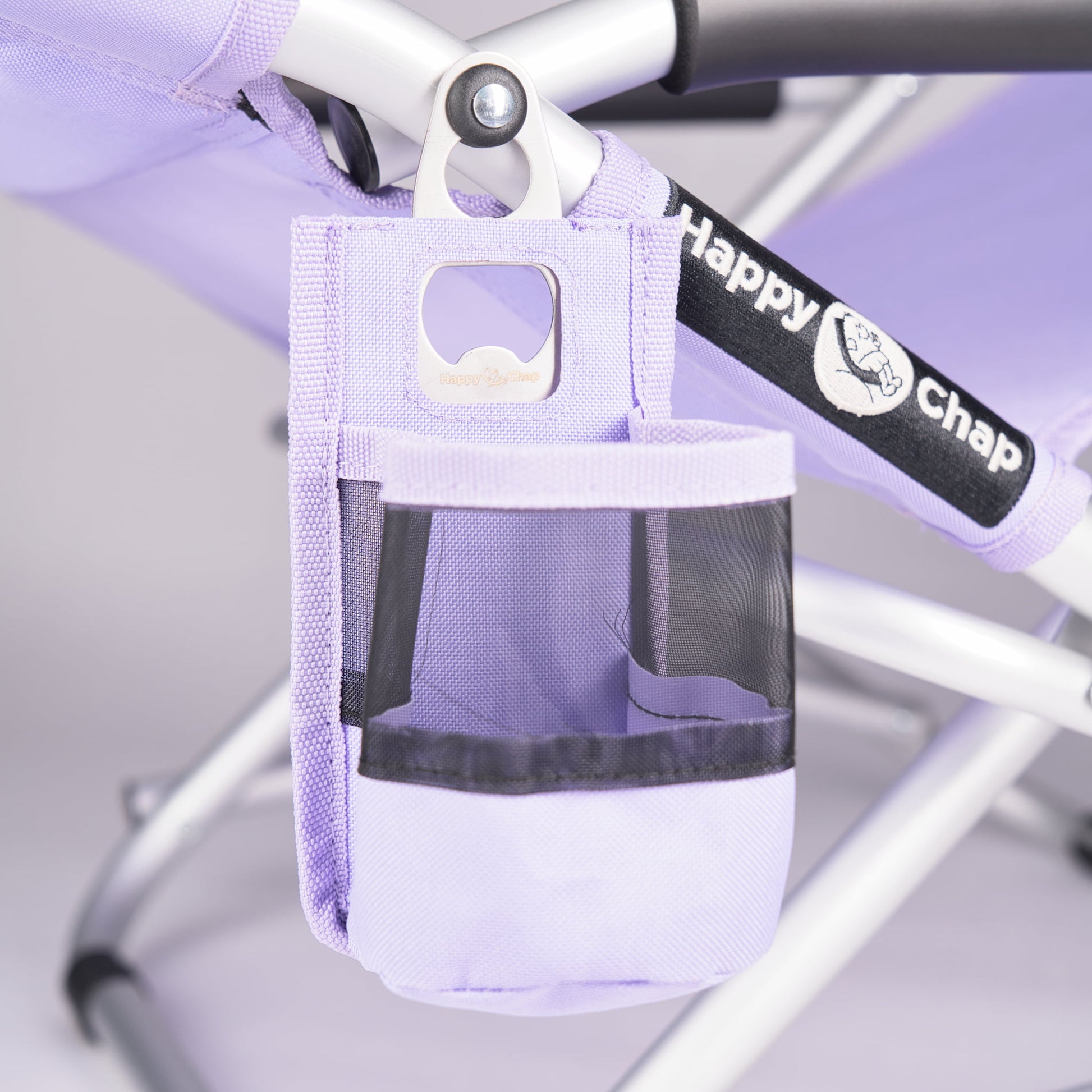 purple detachable cup holder attached to a purple happy chap chair