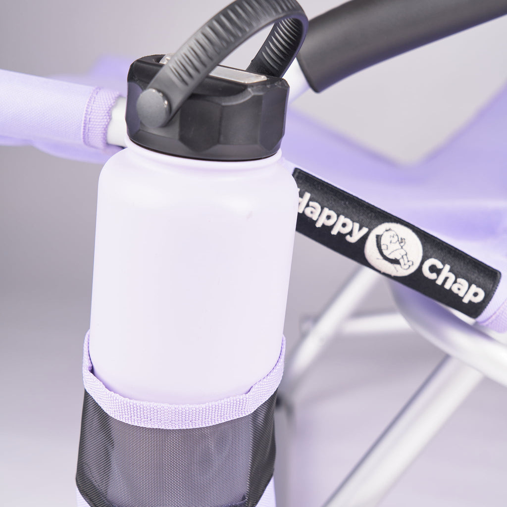 large while 1 litre pargo water bottle in a detachable cup holder attached to a lilac happy chap chair