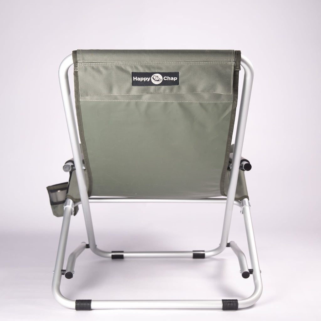 olive camping chair with 'Happy Chap' logo on a white background