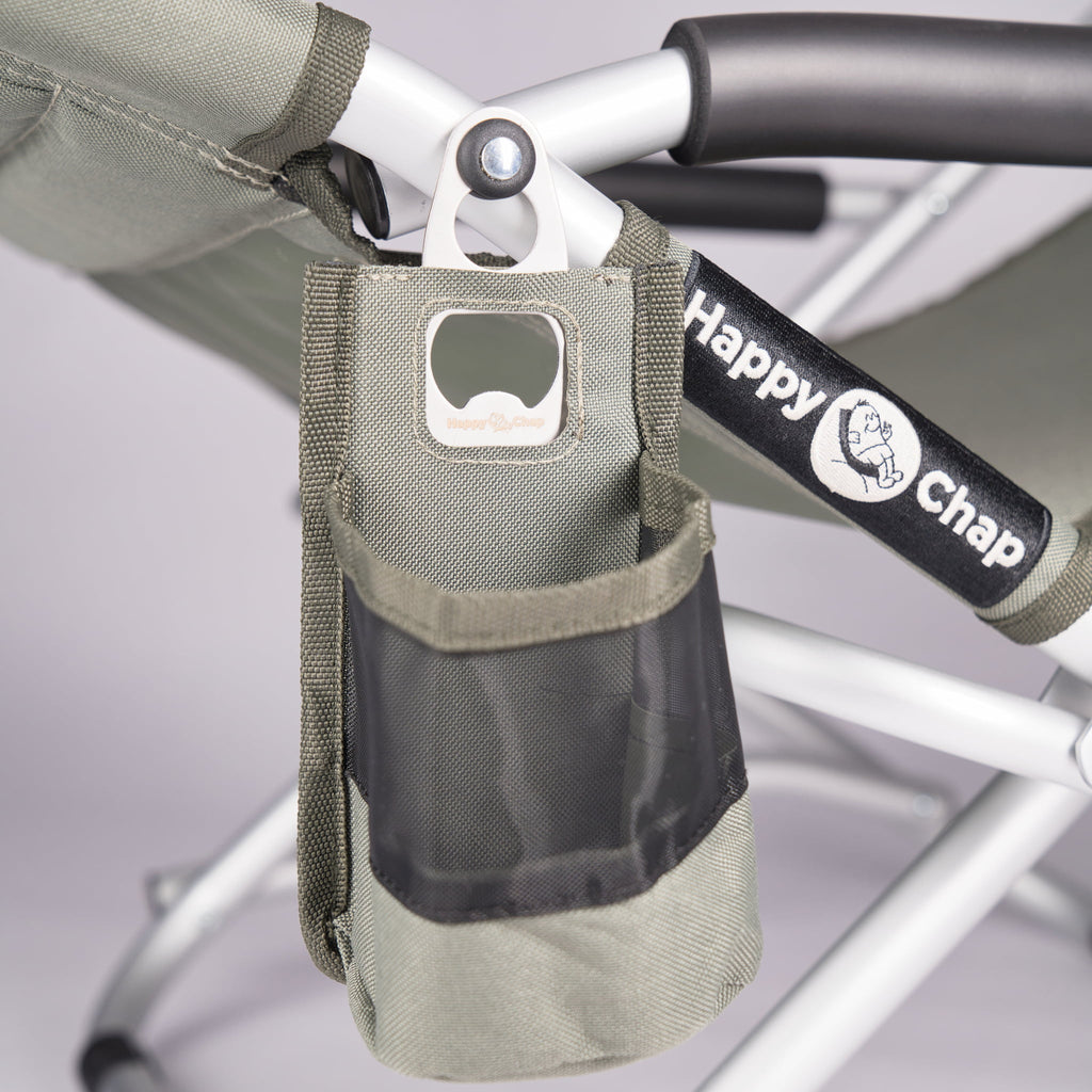 detachable Olive coloured cup holder attached to  happy chap chair