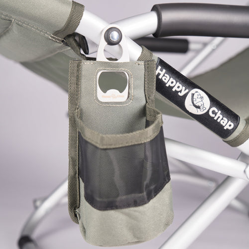 detachable Olive coloured cup holder attached to  happy chap chair