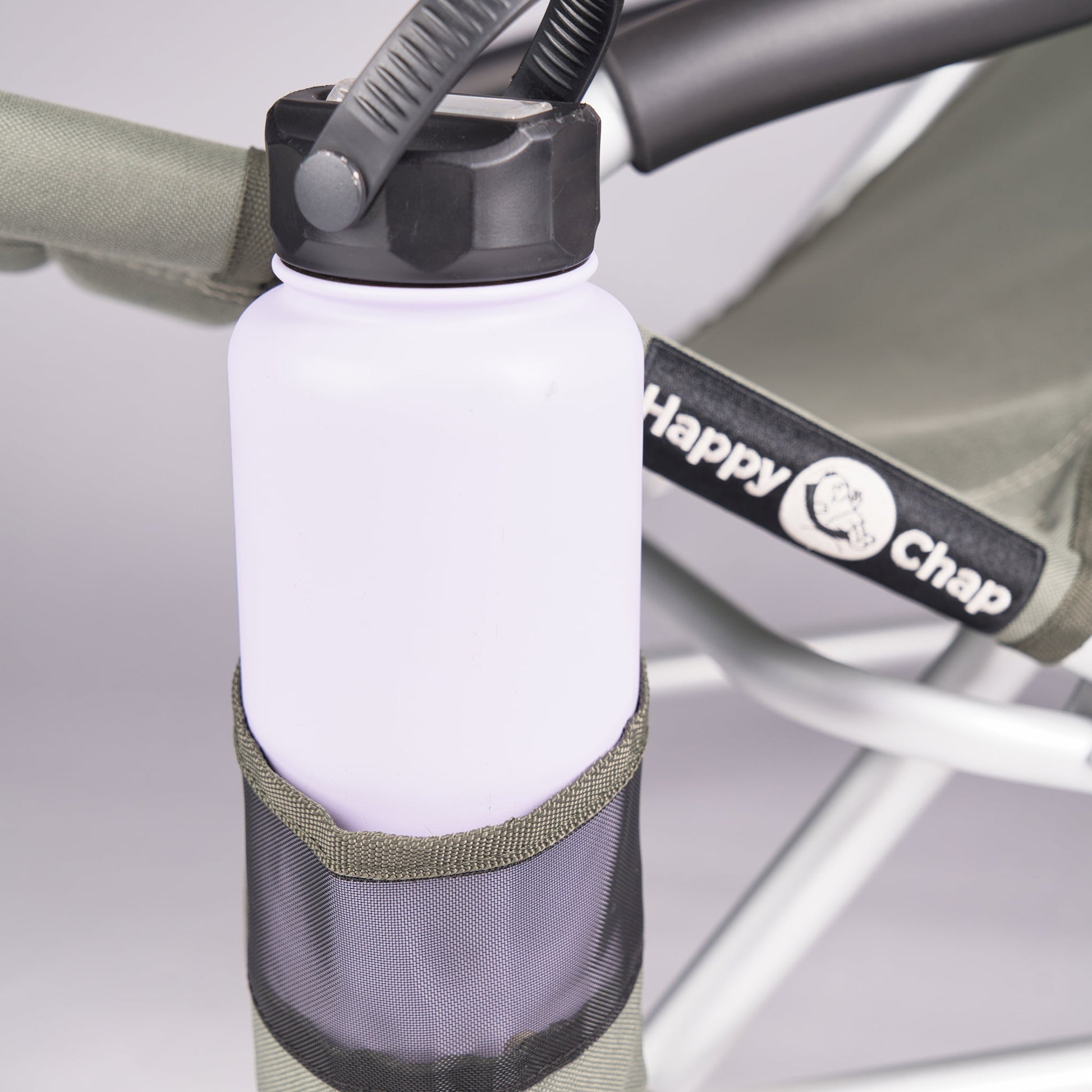 Large 1L White pargo water bottle in a khaki-coloured detachable cup holder attached to a Happy Chap chair