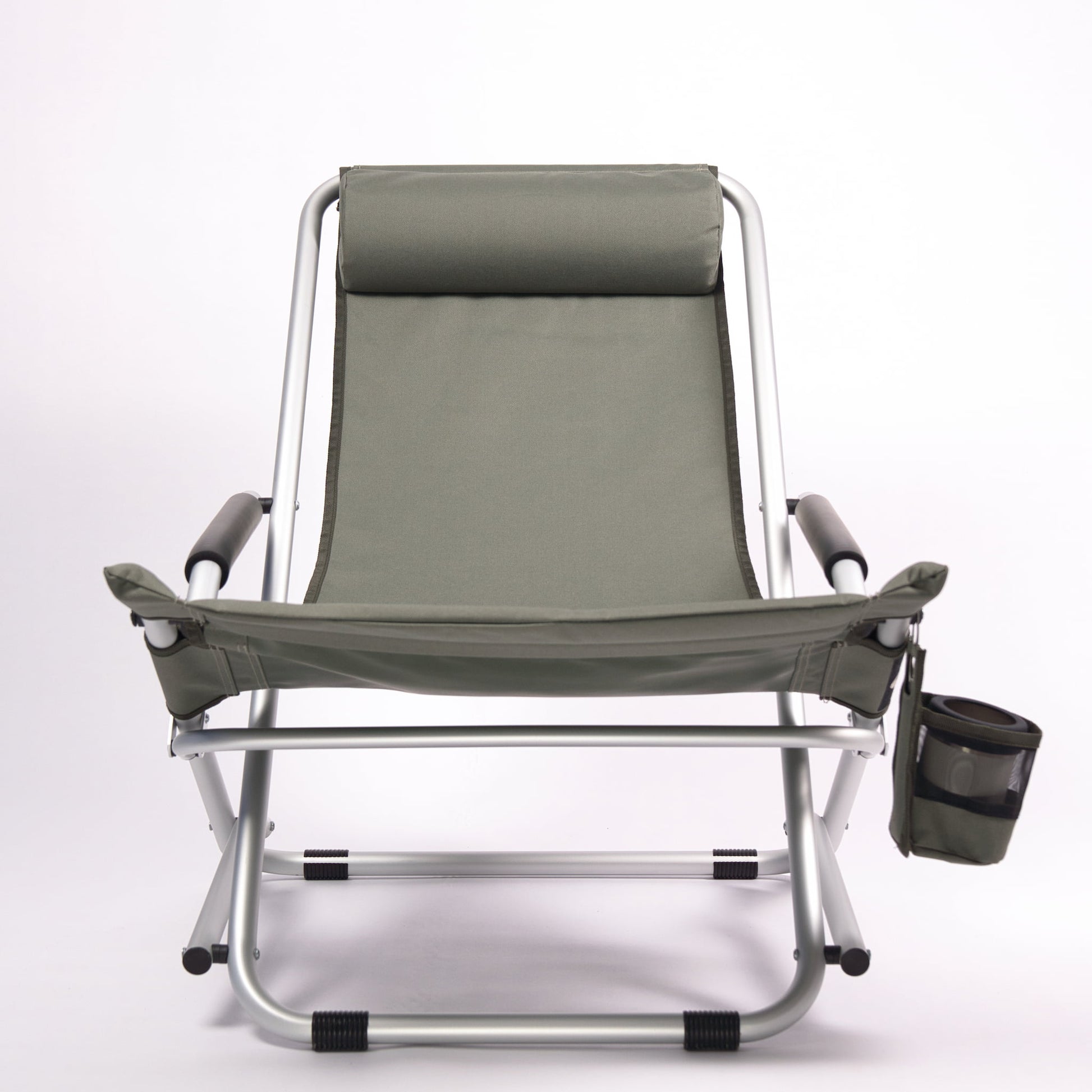 Foldable beach chair with a cup holder on a white background