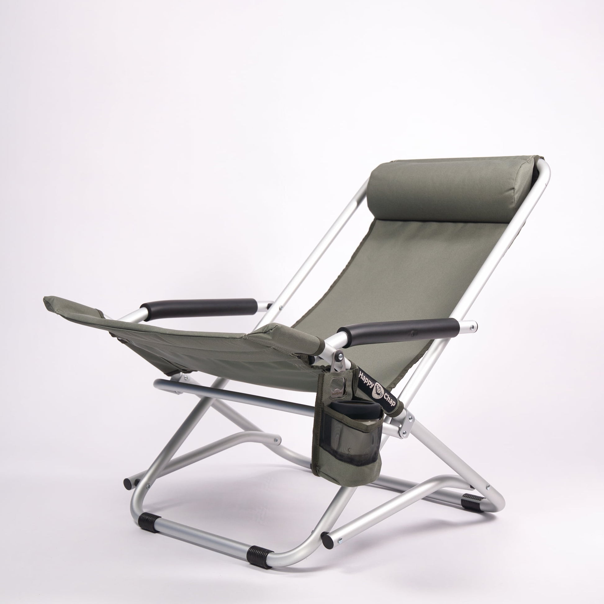Khaki foldable camping chair with a cup holder on a white background