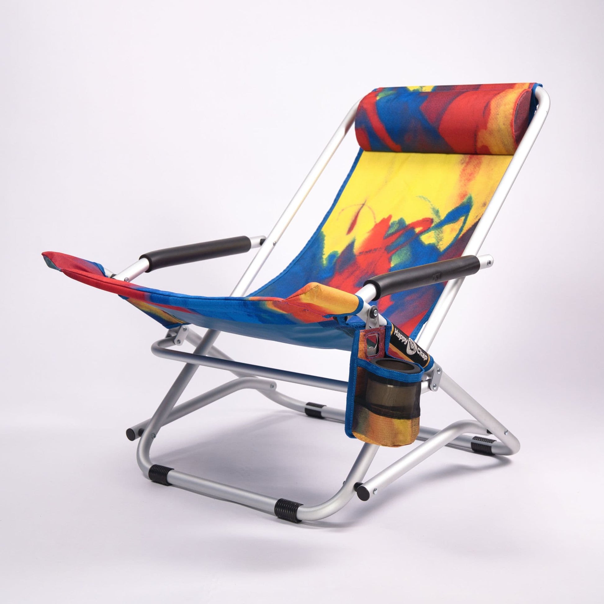 Colorful folding chair with cup holder on a white background